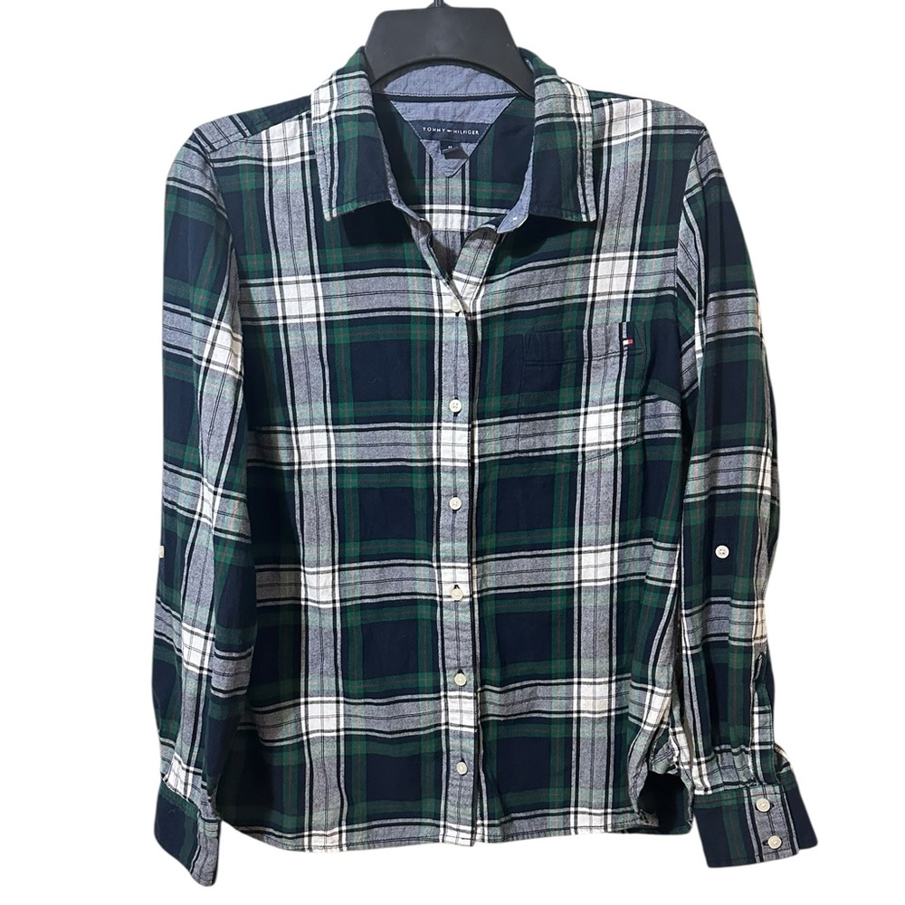 TOMMY HILFIGER green/blue/white plaid 100% cotton flannel button up shirt size M
